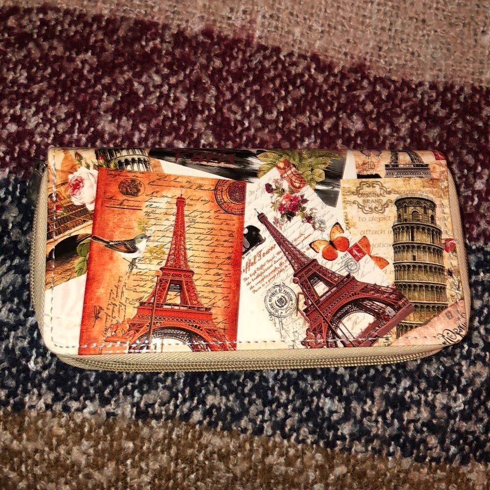 Paris Themed Wristlet Accordion Double Zip Wallet